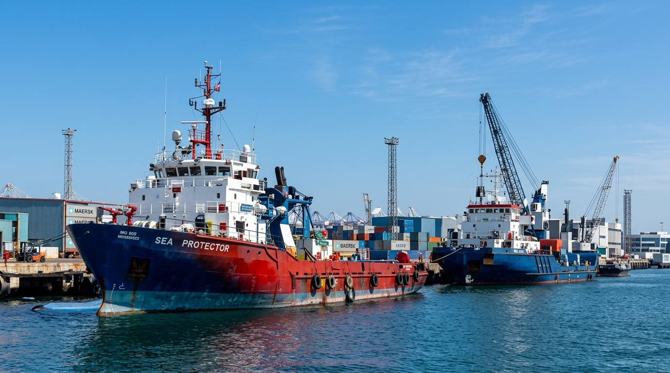 Red and blue offshore support vessels moored alongside a container quay with cranes.